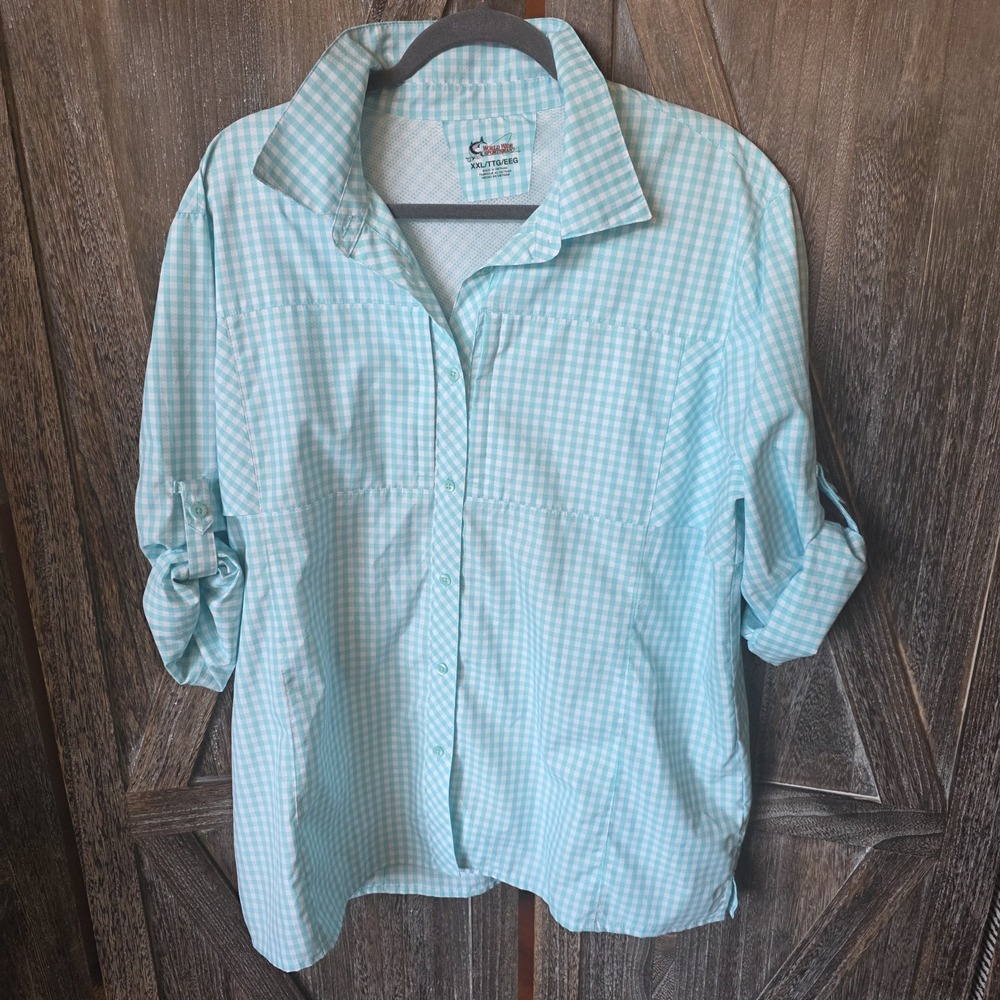 World Wide Sportsman Shirt Women's Size XXL Mint & White Gingham Button Up